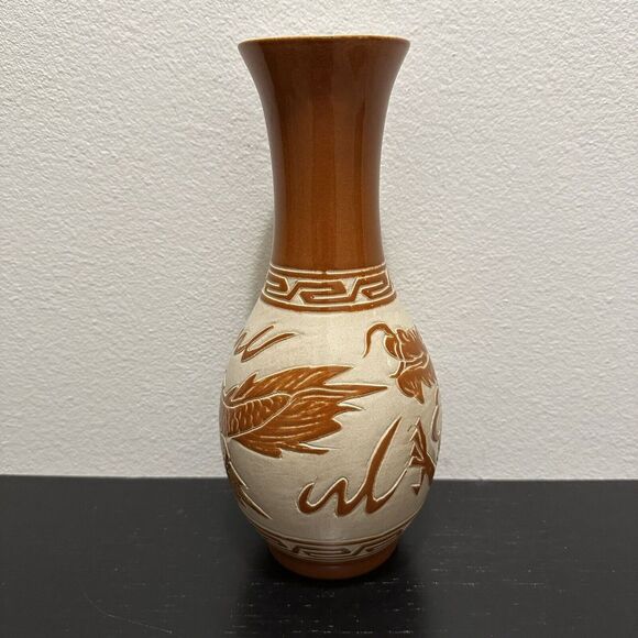 VINTAGE CHINESE JAPANESE ASIAN DRAGON POTTERY VASE LOW RELIEF CREAM RUST 13" - Picture 4 of 6
